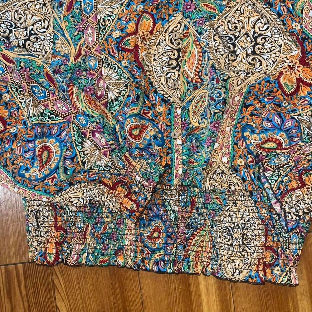 Womens' Multicolored Paisley Print Peasant Rusched Cropped Blouse Elegant SZ 5XL - Picture 4 of 4